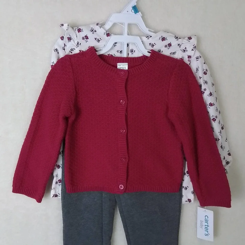 Carter's Baby 3-Peice Sweater Set Size 24mo in Pink, Gray, White w/ Flowers‎